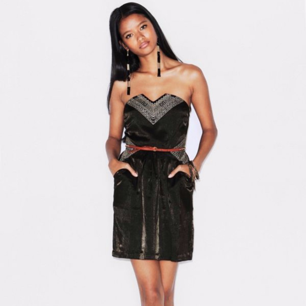 Strapless metallic black and gold dress